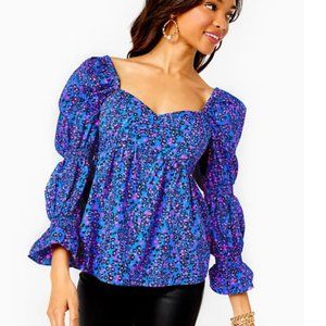 NWOT $148 Lilly Pulitzer  Preslee Babydoll Top Sz 2  Blue Flare Growl And Prowl